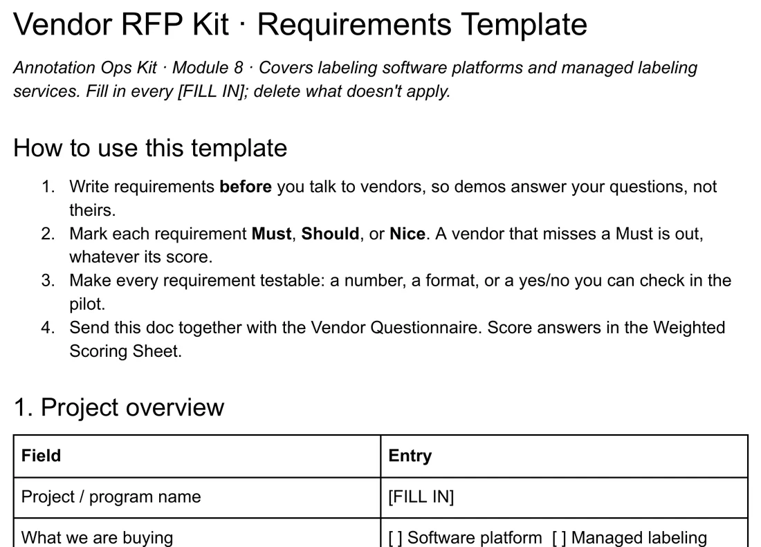 Vendor RFP Kit requirements template with priority and verification fields